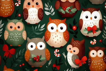 Wallpaper Featuring An Array Of Owls In Various Christmas-Themed Poses, Such As Holding Candy Canes And Resting On Wreaths, All Set Against A Vibrant Green Background