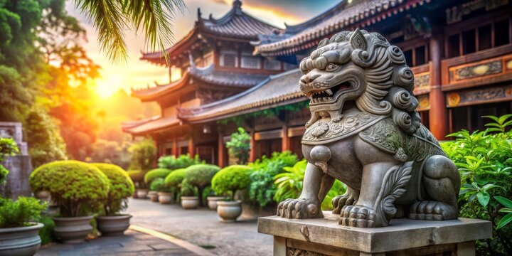 Majestic Chinese Lion Statue in Traditional Architecture, Captured with Rule of Thirds to Highlight Cultural Significance and Aesthetic Appeal in a Serene Garden Setting