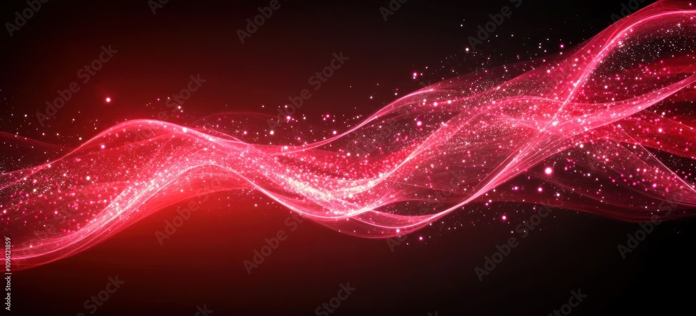 Poster abstract red wave with sparkling particles on a dark background.