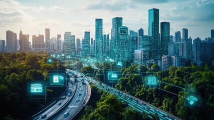 Obraz premium Smart City Skyline Integrated Technology And Nature