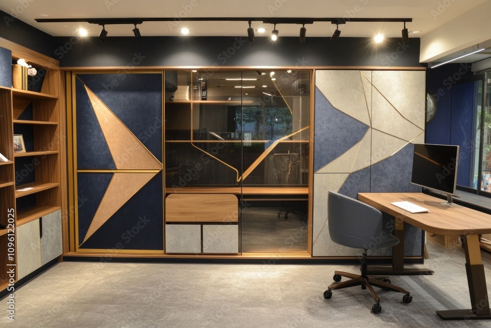 Poster modern office space featuring geometric design elements and a functional workspace.