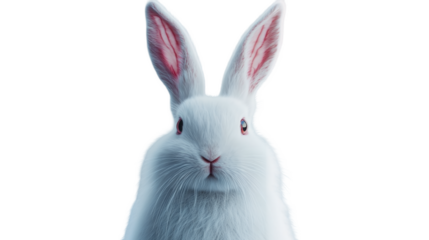 Fluffy white rabbit with long ears and a twitching nose isolated on a transparent background, PNG
