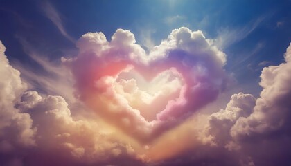 A Stunning Colorful Valentines Day Heart Floating Among Dreamy Clouds: Abstract and Artistic Background Symbolizing Love, Romance, and Affection in a Vibrant Sky Setting
