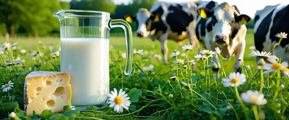 Freshly milked organic natural farm bio glass jag of milk with cheese in green grass field 