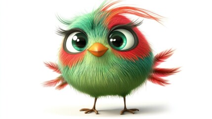 Naklejka premium Bright and Cheerful Cartoon Bird with Big Eyes and Colorful Feathers on a Clean White Background