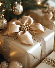 Close-up of gift box near Christmas tree