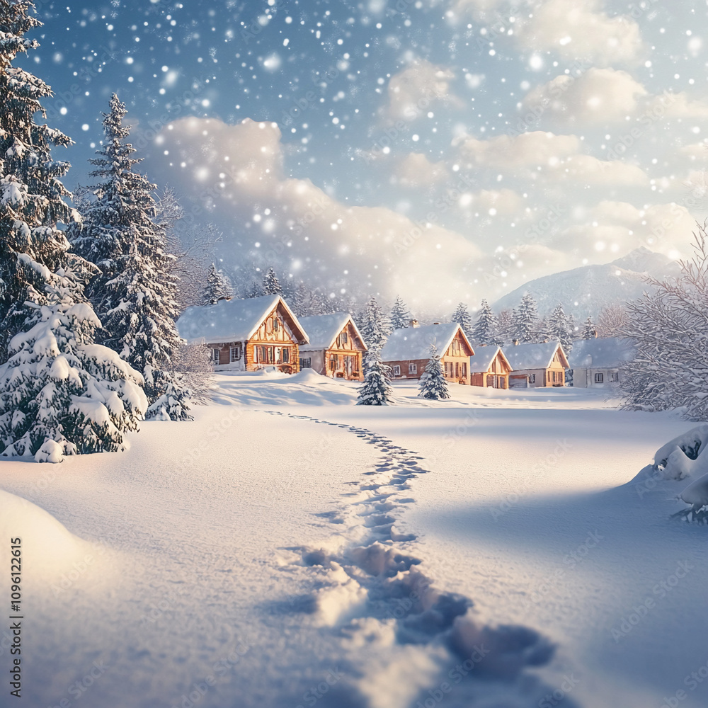 Aufkleber winter wonderland featuring cozy cottages and soft snowfall in a serene forest setting
