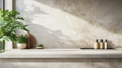 Minimalist Kitchen Countertop with Plants and Sunlight