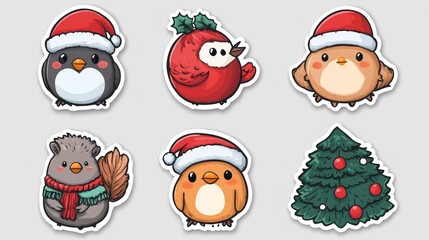 Fototapeta premium Six adorable Christmas animal and tree stickers penguin, cardinal, robin, squirrel, chick, and Christmas tree.