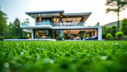 Close up of green grass garden with new modern property house for sale in the blurry background