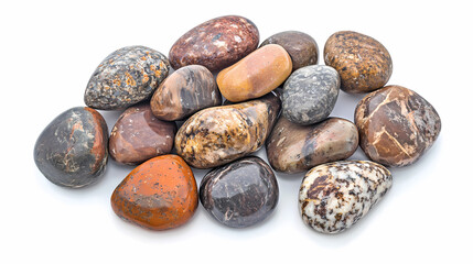A stacked arrangement of river stones isolated on a white background