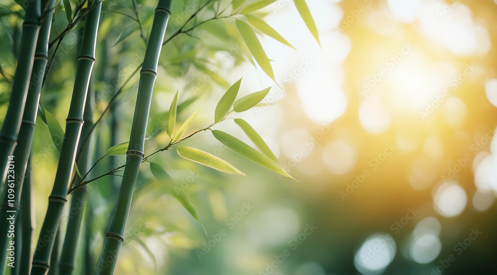 Poster green bamboo stalks illuminated by sunlight in a serene forest setting during the golden hour