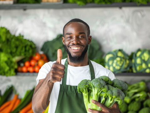 Cheerful grocery clerk in apron giving a thumbs up, showcasing fresh broccoli, representing healthy eating and customer service.
