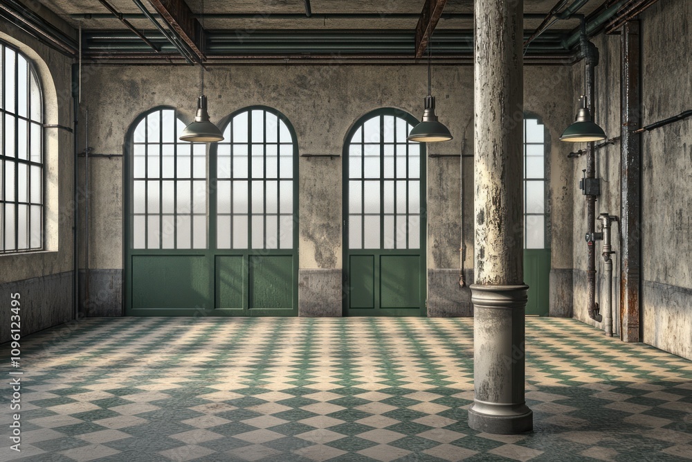 Poster an empty industrial space featuring arched windows and patterned flooring.