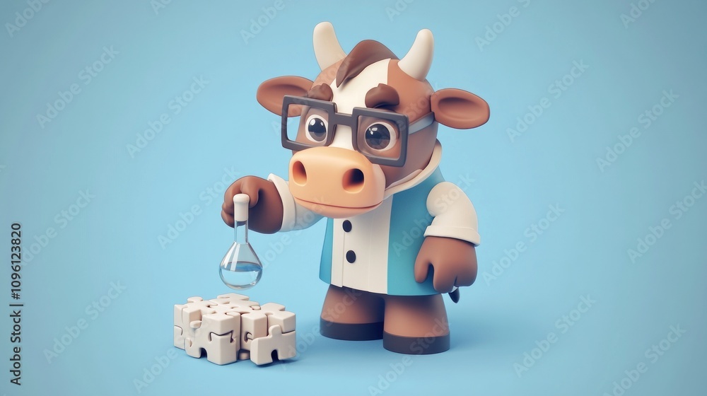 Aufkleber a cartoon cow in glasses conducts an experiment with a flask beside a stack of blocks.
