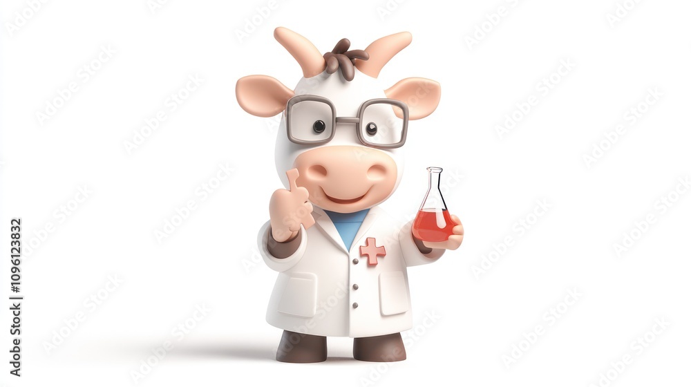 Aufkleber a cartoon cow in a lab coat holding a flask, symbolizing science and research in a playful manner.
