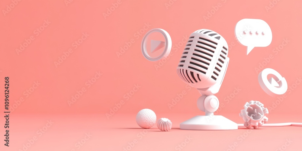 Poster a stylized microphone with various media icons on a pastel background.