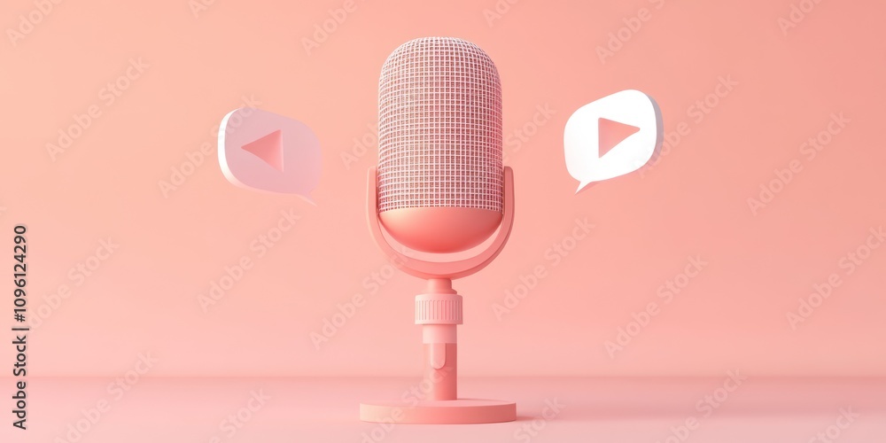 Fototapete a pink microphone with play buttons, symbolizing audio content creation and communication.