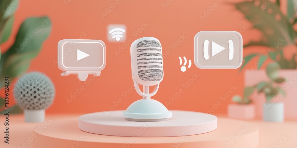 Aufkleber A stylized microphone surrounded by icons representing audio and video content creation.