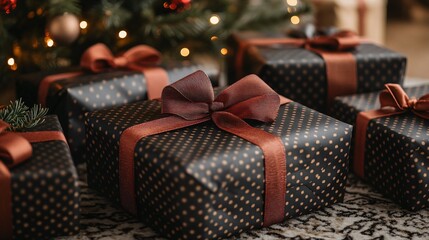 Close-up of gift box near Christmas tree