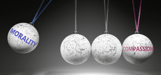 Morality and Compassion - cause and effect relationship. A Newton cradle metaphor showing how morality results in compassion. It initiates compassion. ,3d illustration