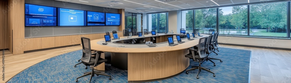 Poster modern conference room with a large circular table and multiple screens for presentations.