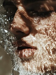 Fototapeta premium Gentle portrait of a person rinsing their face, sparkling water streams and soft shadows, minimalist background