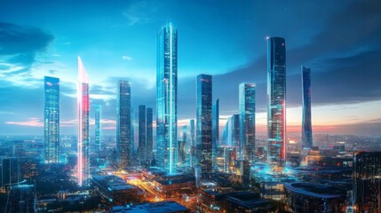 Fototapeta premium Futuristic Cityscape with Colorful Lights in Night Sky
