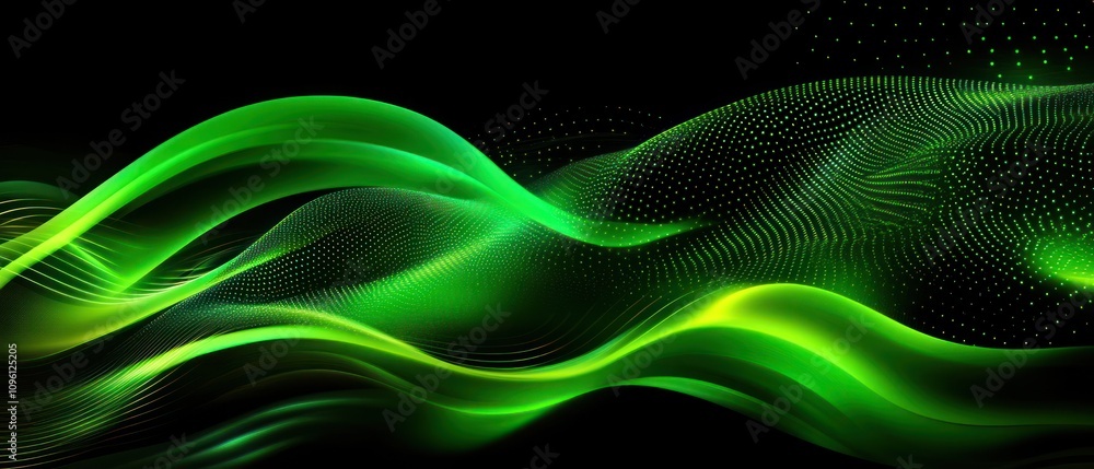 Poster abstract green wave design with smooth lines and dot patterns for digital backgrounds.