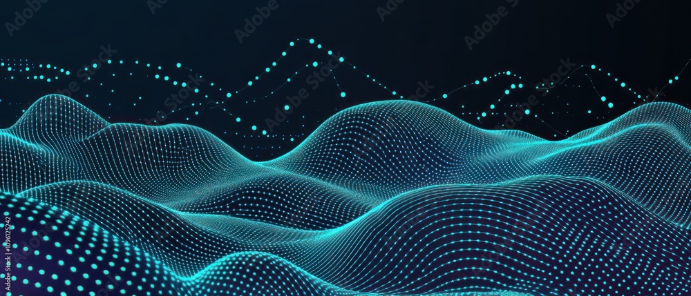 Poster abstract digital landscape with flowing waves and dotted patterns in a dark background.