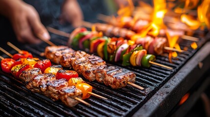 Grilling delight barbecue skewers and vegetables backyard cooking event outdoor close-up culinary experience