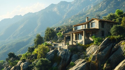A picturesque stone house perched on rocky terrain amidst lush mountains.