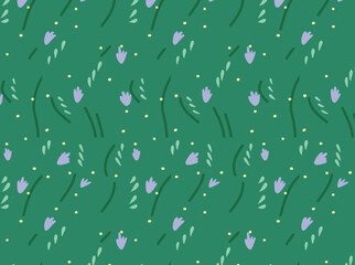 Seamless pattern with abstract flowers, leaves, and dotted elements on green background. Minimal floral design for textile, wallpaper, and packaging. Flat vector illustration.
