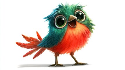 Fototapeta premium Bright and Cheerful Cartoon Bird with Big Eyes and Colorful Feathers on a Clean White Background