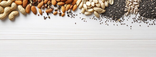 A variety of nuts and seeds arranged on a wooden surface for healthy eating.