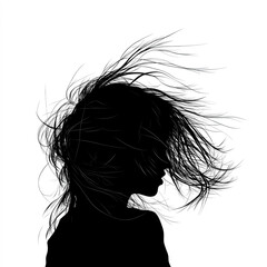 Naklejka premium Woman Hair On Wind Silhouette, Illustration Isolated On White Background