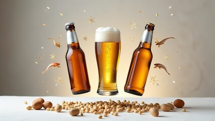 Horizontal creative concept of holiday recreation levitation of beer set: beer, beer bottles, glasses with beer, nuts, dried fish on light gray background