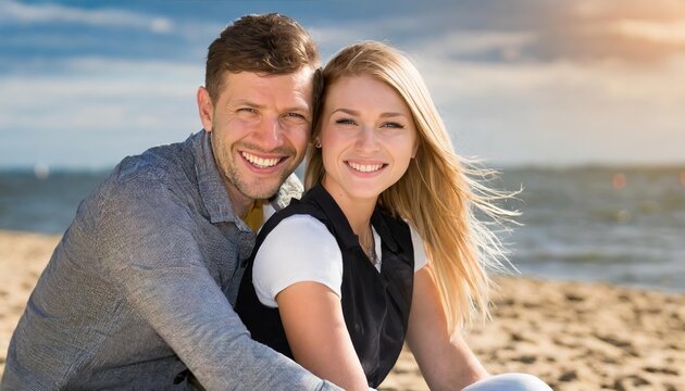 Radiant young couple enjoying a sunny summer day at the beach, smiling joyfully against the backdrop of the ocean, capturing the essence of love, happiness, and carefree seaside moments.