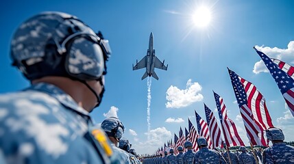 Air Force Jet Flyover, American Flags, Military Personnel Salute