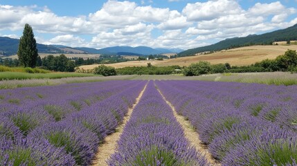 Lavender fields blooming vibrantly under a blue sky with fluffy clouds, showcasing rows of rich purple flowers amidst a tranquil landscape.