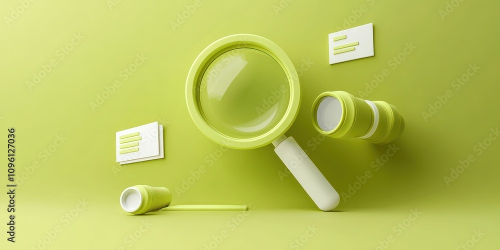 Poster a minimalist composition featuring a magnifying glass and cylindrical objects on a green backdrop.