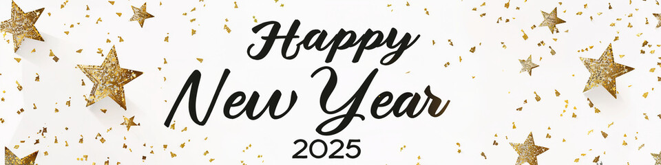 Fototapeta premium Happy New Year 2025 with Gold Stars. Festive concept. Greeting card, banner, poster, invitation