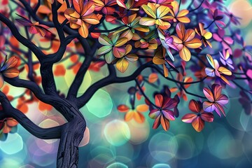 Colorful tree with leaves on hanging branches illustration background. 3d abstraction wallpaper . Floral tree with multicolor leaves