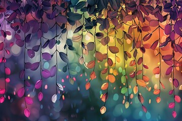 Colorful tree with leaves on hanging branches illustration background. 3d abstraction wallpaper . Floral tree with multicolor leaves