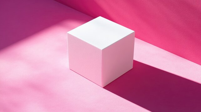 Minimalist design showcasing a white cube with striking shadows, set against a vibrant pink backdrop, emphasizing simplicity and light.