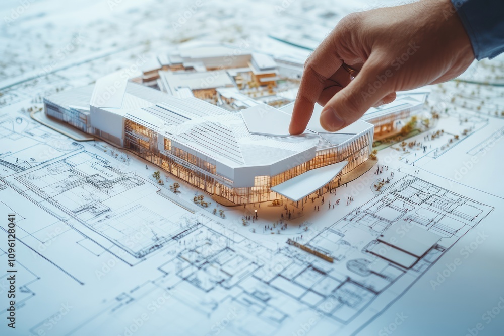 Poster A hand interacts with a detailed architectural model on a blueprint layout.