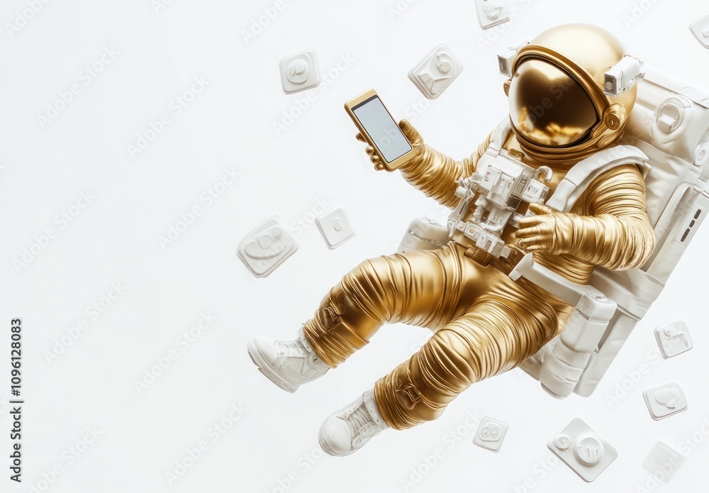 Aufkleber A golden astronaut floating while using a smartphone amidst various app icons.
