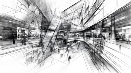 Modern Architectural Concept of a Futuristic Shopping Mall, Detailed Black-and-White Sketch of a Contemporary Urban Space, white background