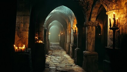 Fototapeta premium Dark and mysterious corridor with stone walls, cobblestone floor, arched pillars, and lit candles for a warm atmosphere.