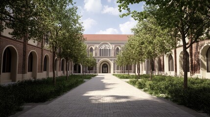View of a historic courtyard featuring lush greenery and elegant arches, set within an esteemed educational institution under a bright sky.